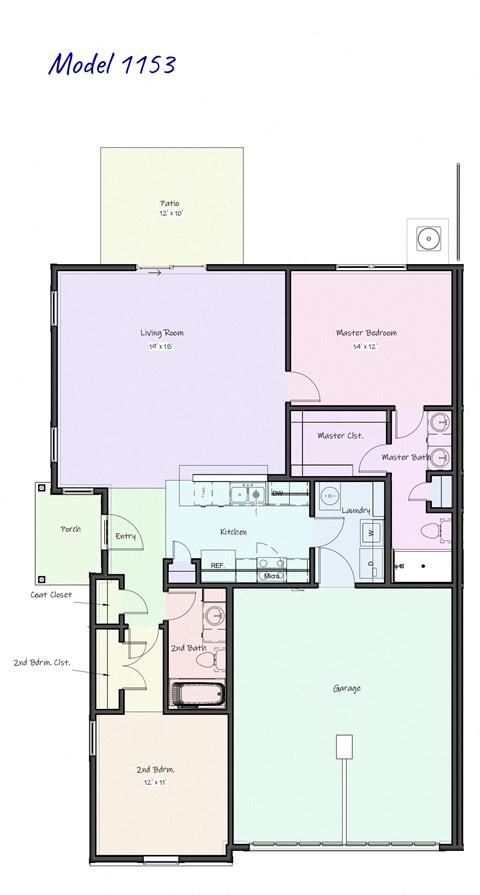 Floor plan for 2 beds, 2 baths, 1153 sqft